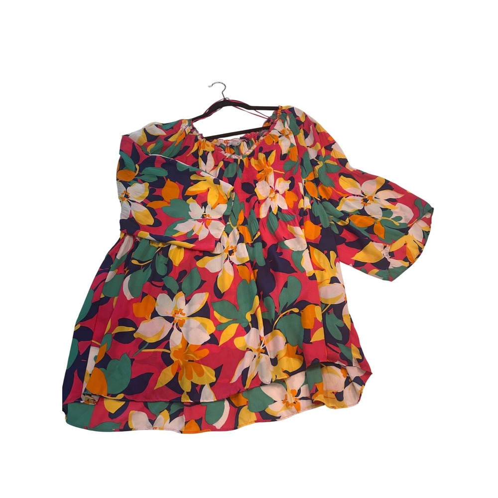 Floral & Ivy Pink Tropical Floral Smocked Off Shoulder Peplum Blouse 3X